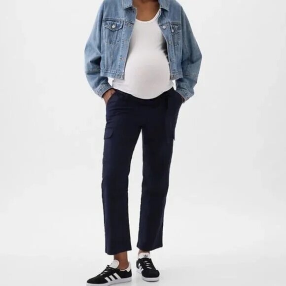 Gap Navy Maternity Elastic Waist Pockets Relaxed Fit Cargo Pants L - Picture 1 of 14